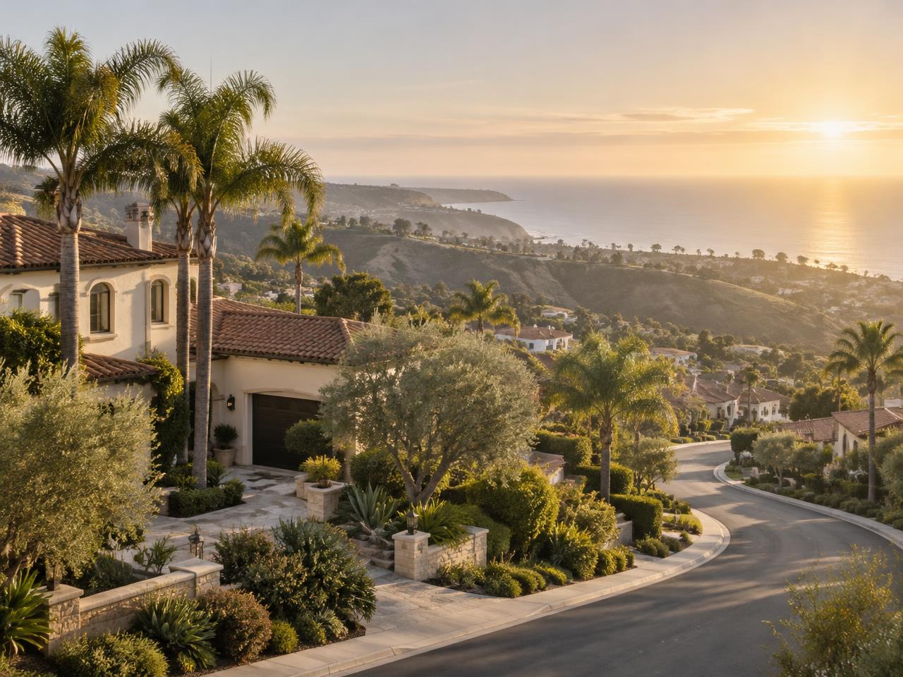Hillside Laguna Niguel home with palm trees overlooking the Pacific at sunset