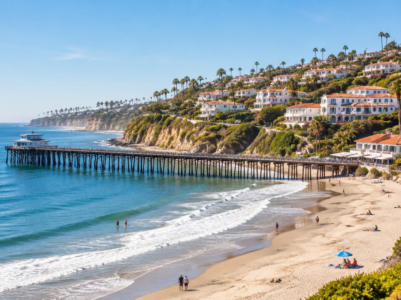 San Clemente pier and beach with Spanish-style hillside homes